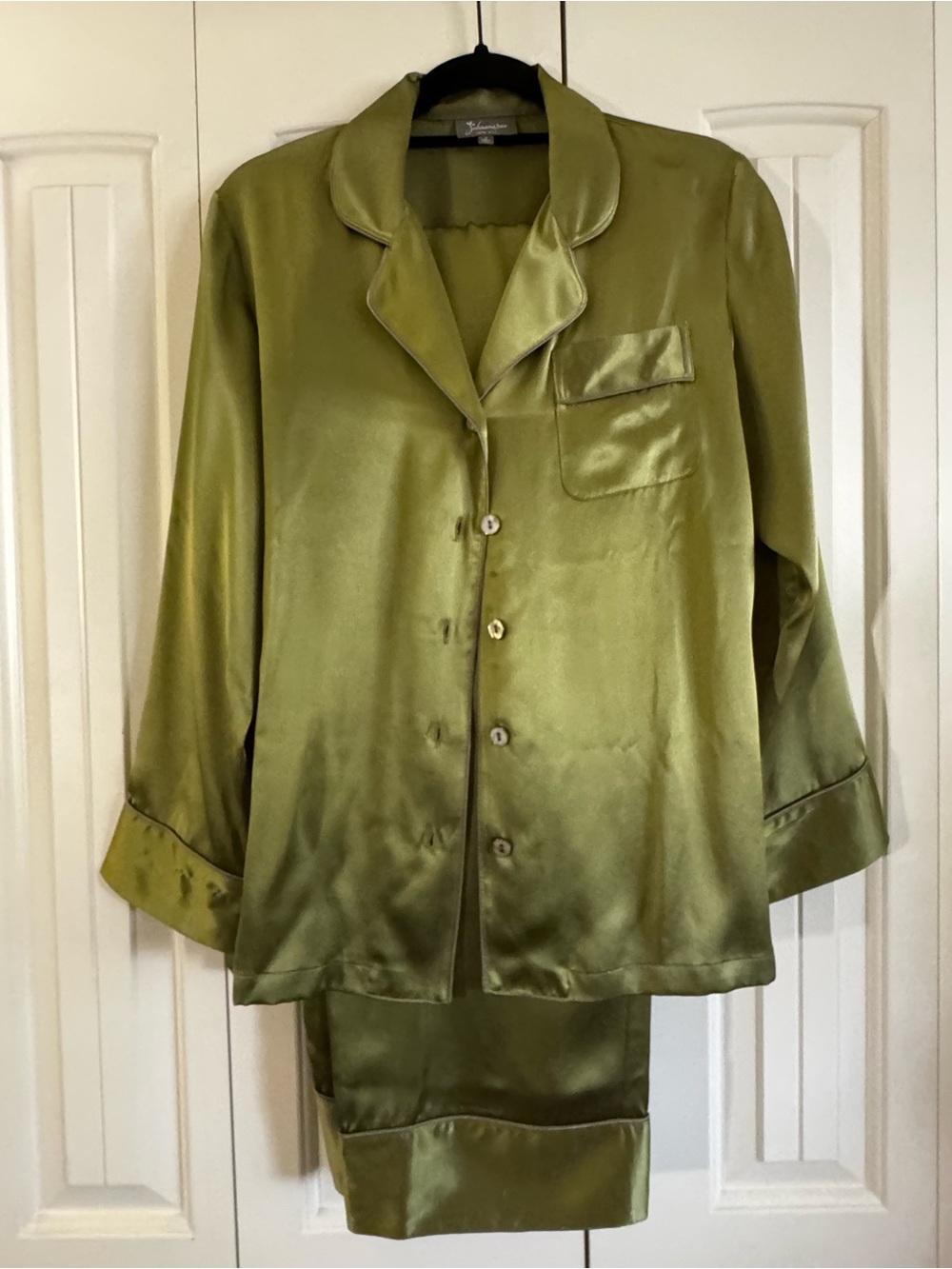 100% silk Olive Green Women's Pajama Set with lavender piping by Juliannarae